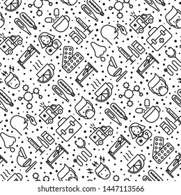 Influenza seamless pattern with thin line icons of symptoms and treatments: runny nose, headache, pain in throat, temperature, pills, medicine. Vector illustration for background.