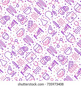 Influenza seamless pattern with thin line icons of symptoms and treatments: runny nose, headache, pain in throat, temperature, pills, medicine. Vector illustration for banner, web page, print media.