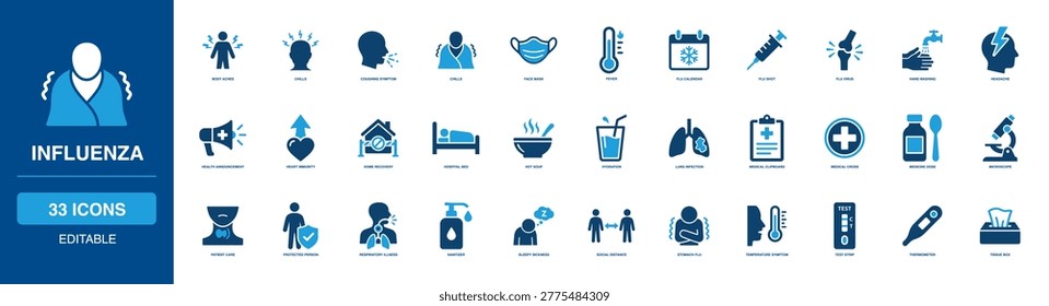 Influenza Solid Icon Set emphasizing body aches chills coughing symptom face mask fever flu calendar shot virus hand washing headache health announcement heart immunity home recovery hospital bed and soup