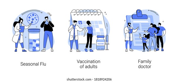 Influenza Treatment Abstract Concept Vector Illustration Set. Seasonal Flu, Vaccination Of Adults, Family Doctor, Acute Infection Symptoms, Immunization Schedule, Physician Service Abstract Metaphor.