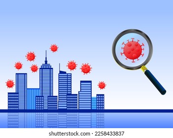 Ilustración de virus con lupa y construcción de ciudades
