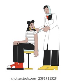 Influenza vaccination line cartoon flat illustration. Muslim hijab doctor giving flu shot latina girl 2D lineart characters isolated on white background. Immunity immunization scene vector color image