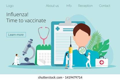 Influenza vaccination. Time to vaccinate. Vector illustration syringe with vaccine, bottle, vaccination calendar and doctors. Modern vector illustration concepts for website, apps.