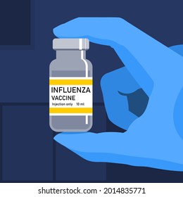 Influenza Vaccine Vial. Hand Holding A Medicine Vial. Scientific Research.