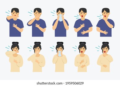 Influenza vector concept: Young man and woman showing right way to sneezing and coughing