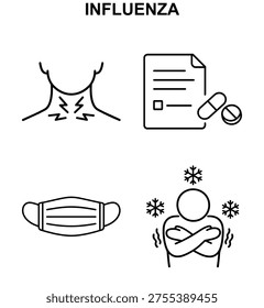 Influenza vector icon set with influenza sore throat influenza medicine face mask and chills symptom