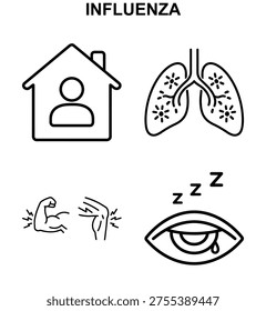Influenza vector icon set with influenza symptoms influenza home care lung infection weakness fatigue and watery eye