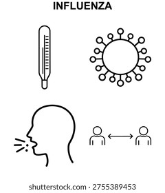 Influenza vector icon set with influenza virus influenza fever cough transmission and social distancing