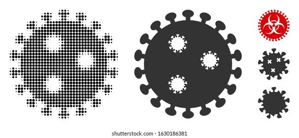 Influenza virus halftone vector icon and solid version. Illustration style is dotted iconic Influenza virus icon symbol on a white background. Halftone matrix is circle elements. Some bonus icons.