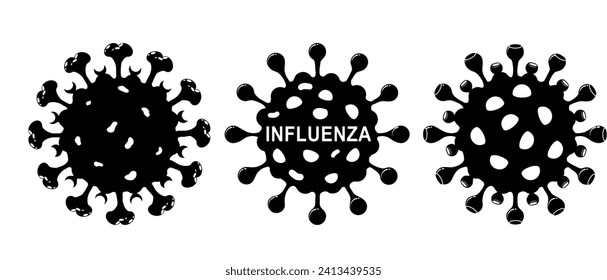 Influenza virus icon. Black on white background isolated. Pathogen of respiratory infection or flu outbreak. grippe pandemic. virion of Influenza. Vector illustration. Set of Stylized symbols