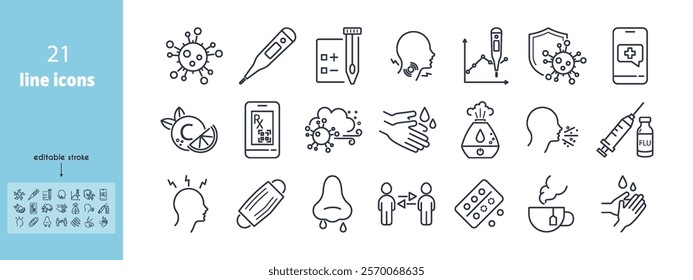 Influenza virus line icon set. Thermometer, Hand Washing, Vaccine, Telemedicine, Runny Nose, Cough, Humidifier, Hot Drink, Social Distancing, Sore Throat vector illustration. Editable Strokes