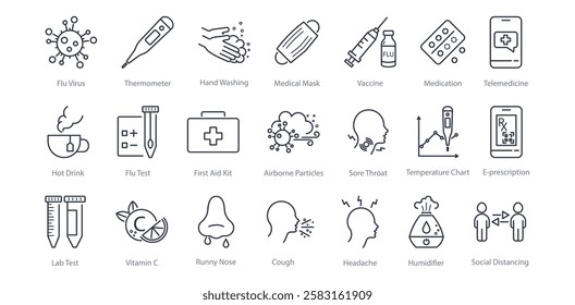 Influenza virus line icon set. Thermometer, Hand Washing, Vaccine, Telemedicine, Runny Nose, Cough, Humidifier, Hot Drink, Social Distancing, Sore Throat vector illustration. Editable Strokes