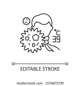 Influenza virus linear icon. Man with fever. Common cold. Healthcare. Flu infection. Microbe outbreak. Thin line illustration. Contour symbol. Vector isolated outline drawing. Editable stroke