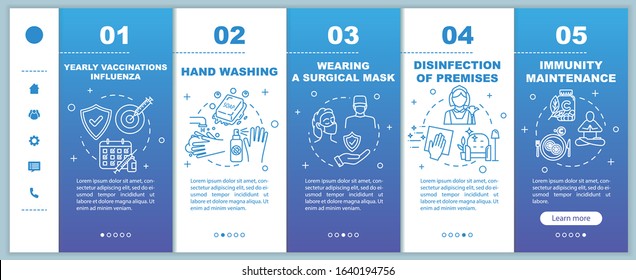Influenza virus precaution onboarding vector template. Sanitation and hygiene habits. Premises disinfection. Responsive mobile website with icons. Webpage walkthrough step screens. RGB color concept