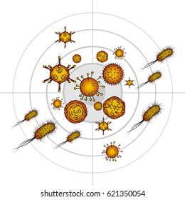 Influenza viruses and E coli Bacteria. Color vector illustration. Isolated on white background