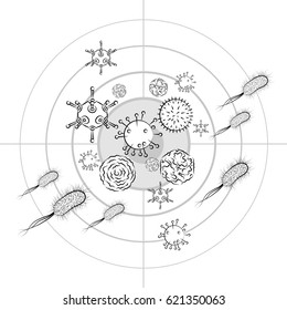 Influenza viruses and E coli Bacteria. Black and white vector illustration. Isolated on white background