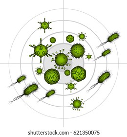 Influenza viruses and E coli Bacteria. Color vector illustration. Isolated on white background