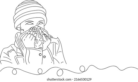 
Influnza logo, Influnza vector, sketch drawing of influenza woman patient, silhouette of sneezing nose girl in wintter hot cloths