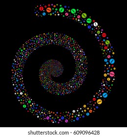 Info bang swirl spiral. Vector bright multicolored scattered symbols.