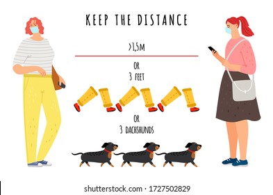 Info banner keep the distance. Virus prevention and protection. Girls in protective masks vector illustration