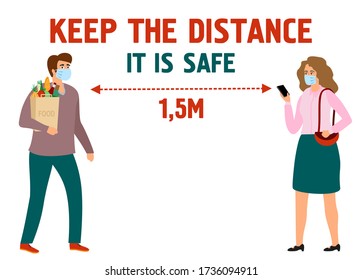 Banner de información mantiene la distancia. Prevención y protección de virus. Chica y niño con máscaras protectoras. Mujer y hombre a una distancia segura. Distancia social. Ilustración del vector
