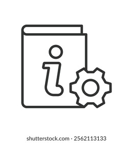 Info book setting, icon in line design. Info book setting, book, settings, information, configuration, reading, settings icon on white background vector. Info book setting editable stroke icon
