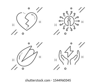 Info, Broken heart and Pistachio nut line icons set. Safe energy sign. Information, Love end, Vegetarian food. Thunderbolt. Business set. Line info outline icon. Vector