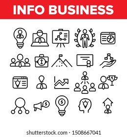 Info Business Collection Elements Icons Set Vector Thin Line. Human Businessman Silhouette In Light Bulb, Suitcase And Business Graph Concept Linear Pictograms. Monochrome Contour Illustrations