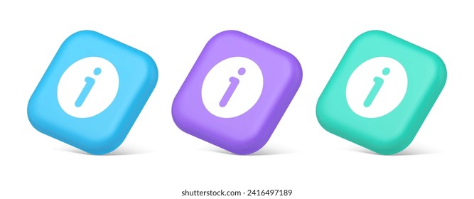Info button information character FAQ question answer help support web app 3d realistic blue purple and green icons. Internet knowledge communicative online guide inform