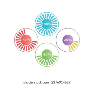 Info buttons concept. Multicolored round progress bars with percentages. Data visualization for dashboard. Analytics and work with statistics, marketing research. Cartoon flat vector illustration