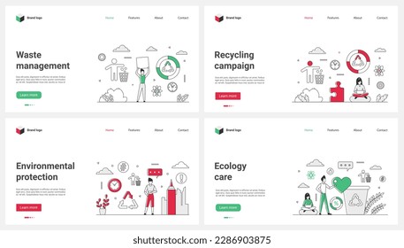 Info campaign, waste management, care for environment and protection of environment set vector illustration. Cartoon tiny people protect nature with eco friendly garbage recycling technology