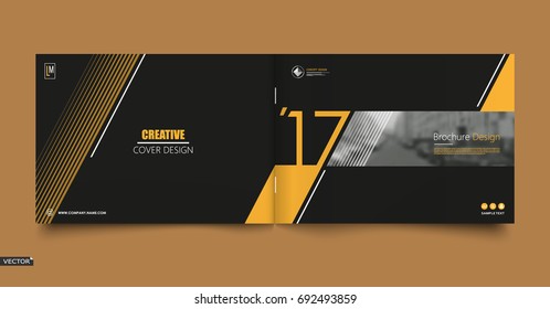 Info card style. Black a4 brochure cover design. Fancy banner board. Title sheet model set. Modern vector front page art. City houses texture. Yellow frame, lines, brand logo icon. Ad flyer text font