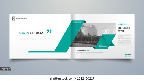 Info card style. White a4 brochure cover design. Fancy banner board. Title sheet model set. Modern vector front page art. City houses texture. Green frame, line form, brand logo icon. Ad flyer text 