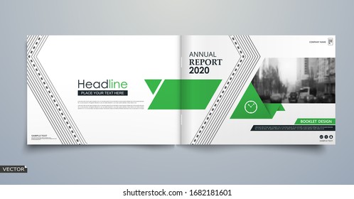 Info card style. White a4 brochure cover design. Fancy banner board. Title sheet model set. Modern vector front page art. City houses texture. Green frame, lines, brand logo icon. Ad flyer text font