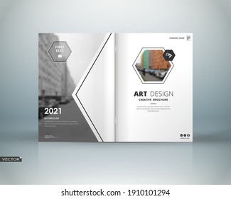 Info card style. White a4 brochure cover design. Fancy banner board. Title sheet model set. Modern vector front page art. City houses texture. Gray frame, lines, brand logo icon. Ad flyer text font