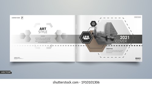 Info card style. White a4 brochure cover design. Fancy banner board. Title sheet model set. Modern vector front page art. City houses texture. Brown frame, lines, brand logo icon. Ad flyer text font