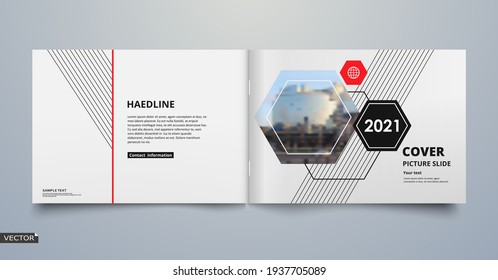 Info card style. White a4 brochure cover design. Fancy banner board. Title sheet model set. Modern vector front page art. City houses texture. Red frame, lines, brand logo icon. Ad flyer text font