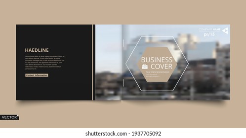 Info card style. White a4 brochure cover design. Fancy banner board. Title sheet model set. Modern vector front page art. City houses texture. Brown frame, lines, brand logo icon. Ad flyer text font