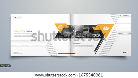 Info card style. White a4 brochure cover design. Fancy banner board. Title sheet model set. Modern vector front page art. City houses texture. Yellow frame, lines, brand logo icon. Ad flyer text font