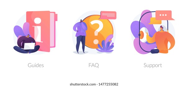 Info center, customer online communication web icons set. Helpdesk, clients assistance, helpful information. Guides, FAQ, support metaphors. Vector isolated concept metaphor illustrations