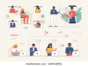 Info center, customer online communication scene. Customer self-service, e-support system, support concept. Call center, handling call system, virtual call center concept. Flat style vector.