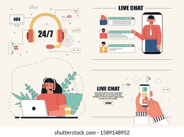 Info center, customer online operator, communication scene. Customer self-service, e-support system, support concept. Call center, handling call system, virtual call center concept. Flat style vector.