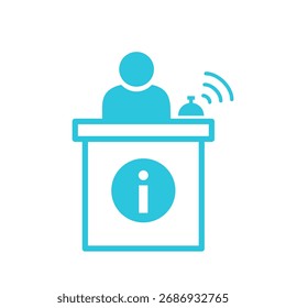 Centro de información, fuente de información eficiente y amigable. Aislado sobre fondo blanco. Icono azul