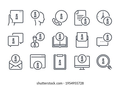 Info center and Guide information line icons. Customer service and User assistance outline icon set. Help and Support vector editable stroke icon collection.