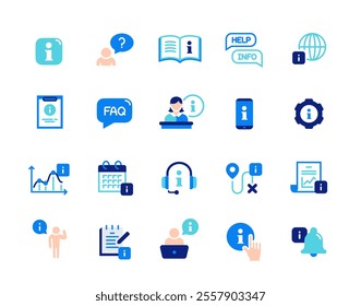 Info center icons set. Colorful signs with Guidebook, Call center, Question mark, FAQ and Customer support service. Design elements for app. Flat vector illustration collection isolated on background