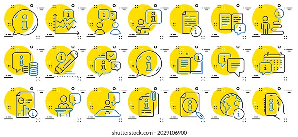 Info center line icons. Reception information, Journey path, Guide book. Call center, Faq chat bubbles, Info help desk icons. Question mark, Search information and Customer help service. Vector