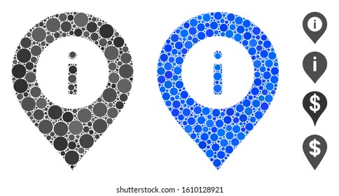 Info center marker composition of small circles in different sizes and color tones, based on info center marker icon. Vector small circles are organized into blue mosaic.