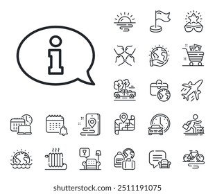 Signo del centro de información. Avión jet, mapa de viaje e íconos del contorno del Reclamo de equipaje. Icono de línea de información. Símbolo de burbuja de discurso de Asistencia. Señal de la línea de información. Alquiler de coches, icono de transporte de taxi. Vector