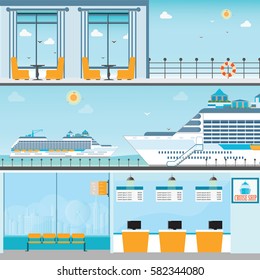 Info Of Cruise Ship Terminal At Sea Port With Moored Transatlantic Liner, Ticket Counter,interior Of Cruise Ship And Cruise Ship Deck, Travel Vector Illustration.