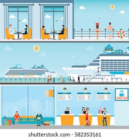 Info Of Cruise Ship Terminal At Sea Port With Moored Transatlantic Liner And Cruise People, Ticket Counter,interior Of Cruise Ship And Cruise Ship Deck, Travel Vector Illustration.